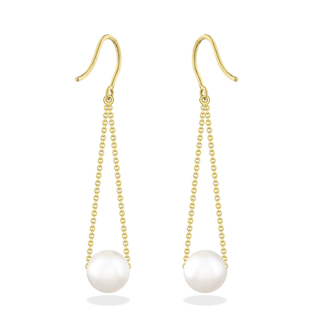 Graceful slider style earrings with delicate 14k yellow gold chains suspending luminous white Akoya pearls. Item No. 43725