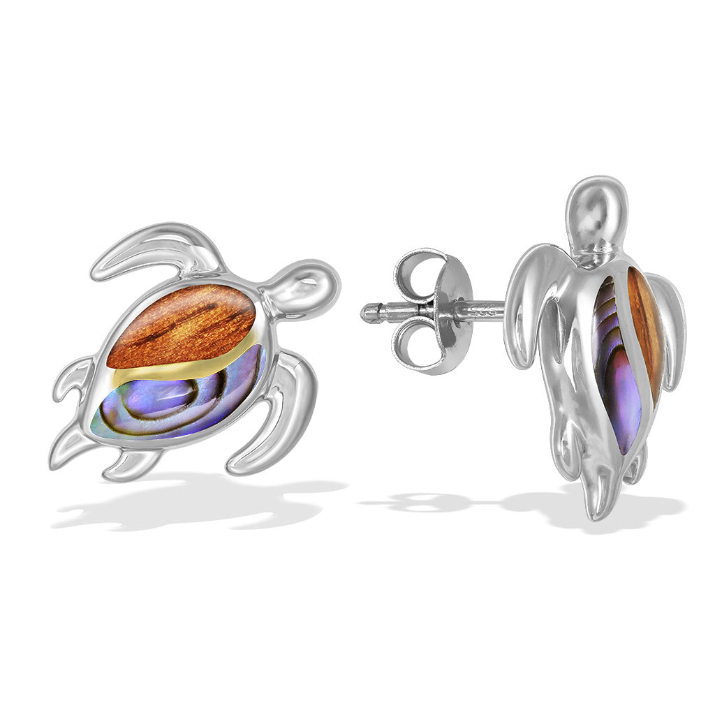 Honu (Hawaiian Sea Turtle) studs in sterling silver with right side earring showing earnut style. Item No. 43724