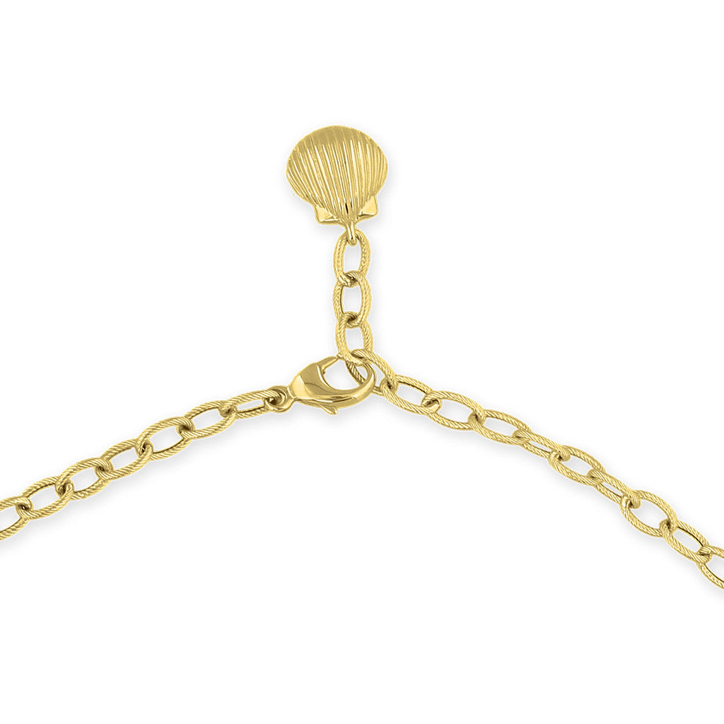 Gold chain clasp with seashell charm, adding an elegant island-inspired finish to the necklace. Item No. 44007