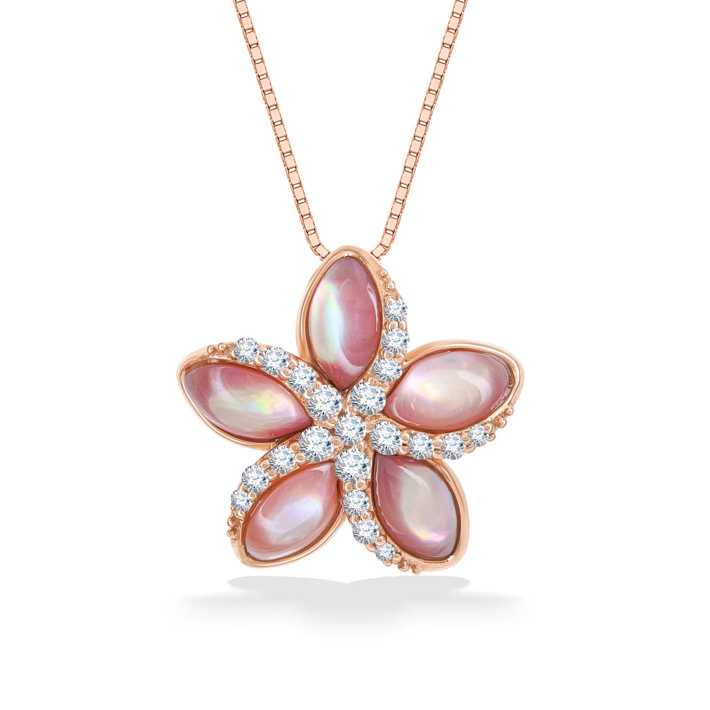Rose gold plumeria pendant with pink mother of pearl inlay. Diamonds cascading out from center of flower. Item No. 43730