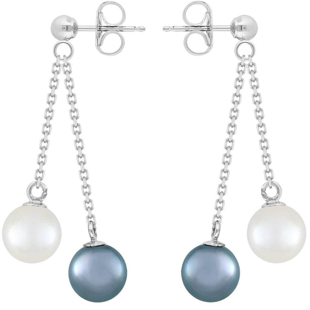 Elegant drop earrings with 14k white gold dual chains suspending blue and white Akoya pearls. Item No. 44024