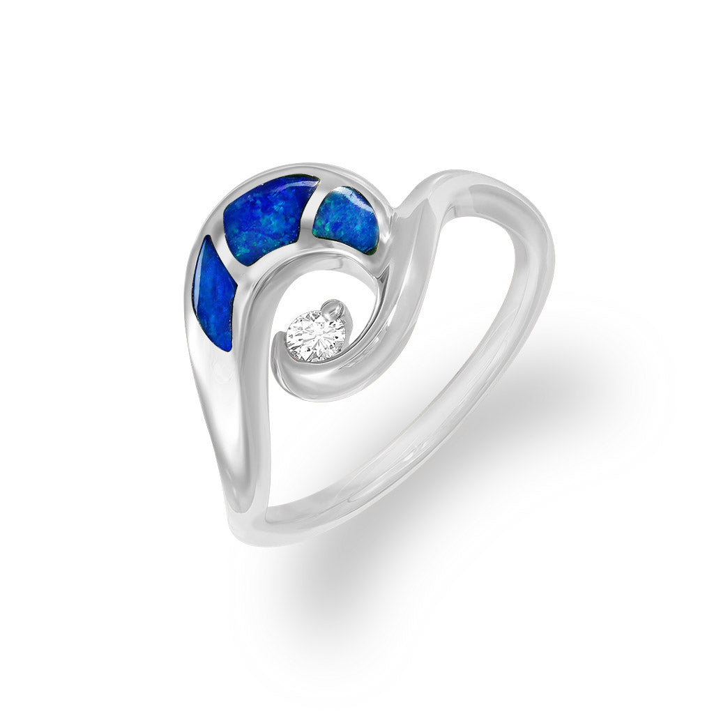 Wave-like design ring made in white gold, showcasing opal inlays and a 0.08CT center diamond. Item No. 44091