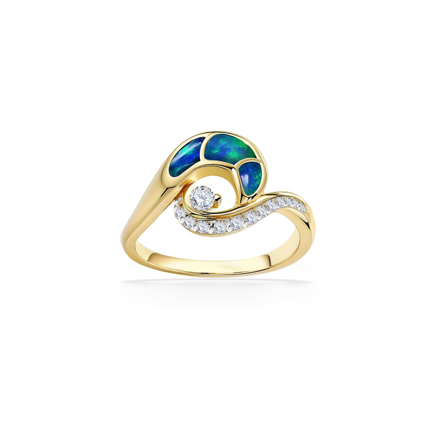 Horizontal view of the wave ring, showing the opal inlay atop & the pavé-set diamonds on the bottom of the design. Item 44092
