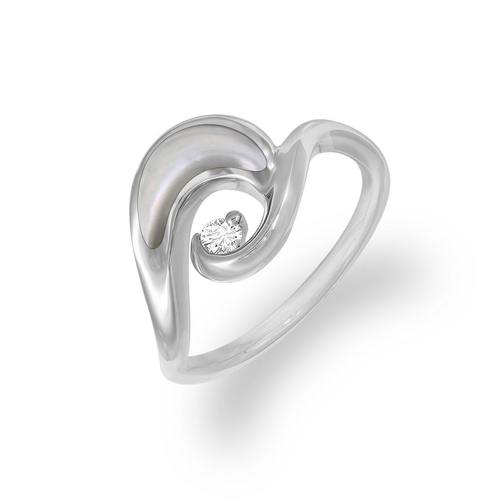 Wave-formed ring made in 14k white gold, featuring a mother-of-pearl inlay and small diamond. Item No. 44097