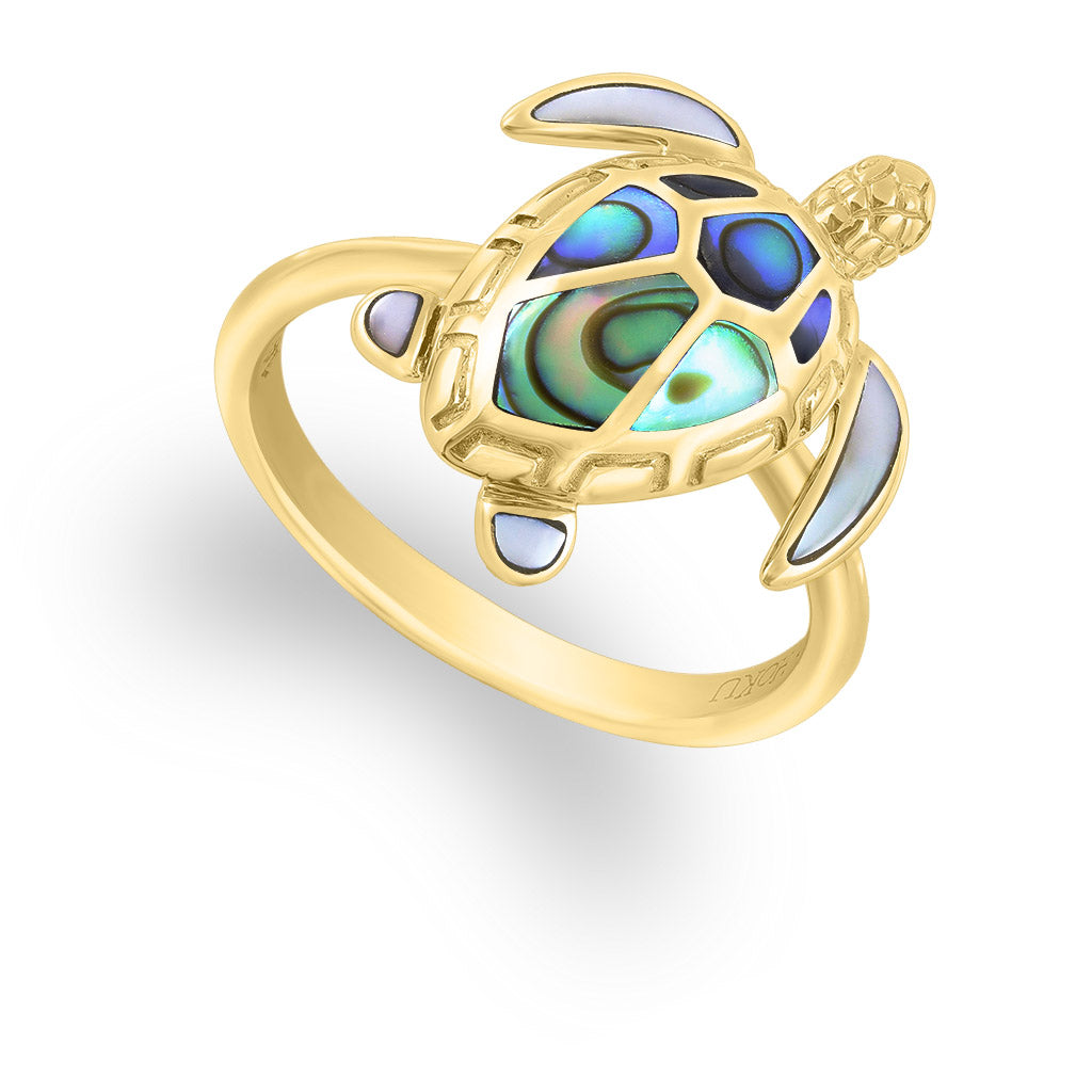 Turtle ring, 14k yellow gold with abalone inlay shell and white mother of pearl fins on a size 7 band. Item No. 44108