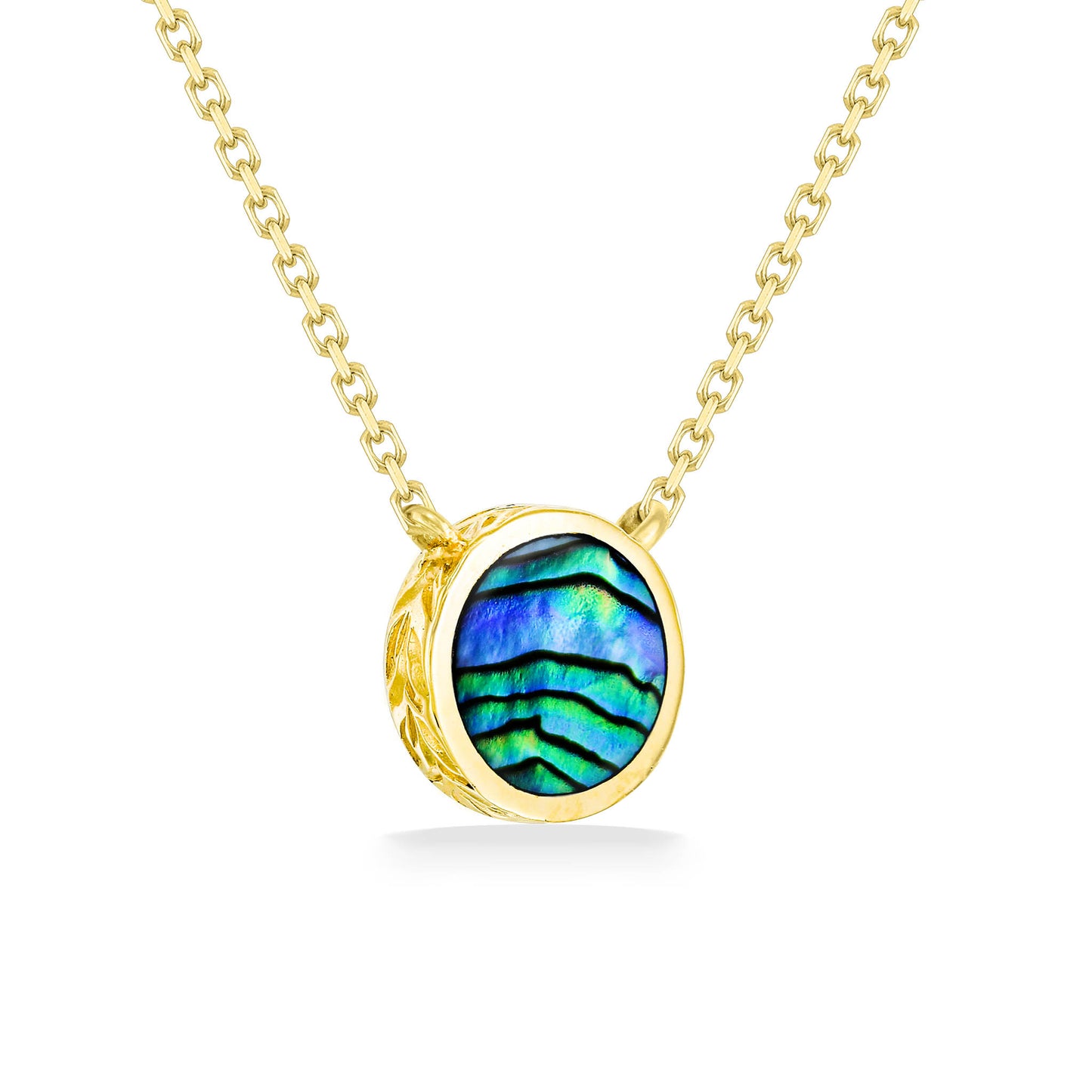 Round abalone inlay glows within a 14k yellow gold maile scroll pendant on a 17 inch gold chain. Item No. 44153