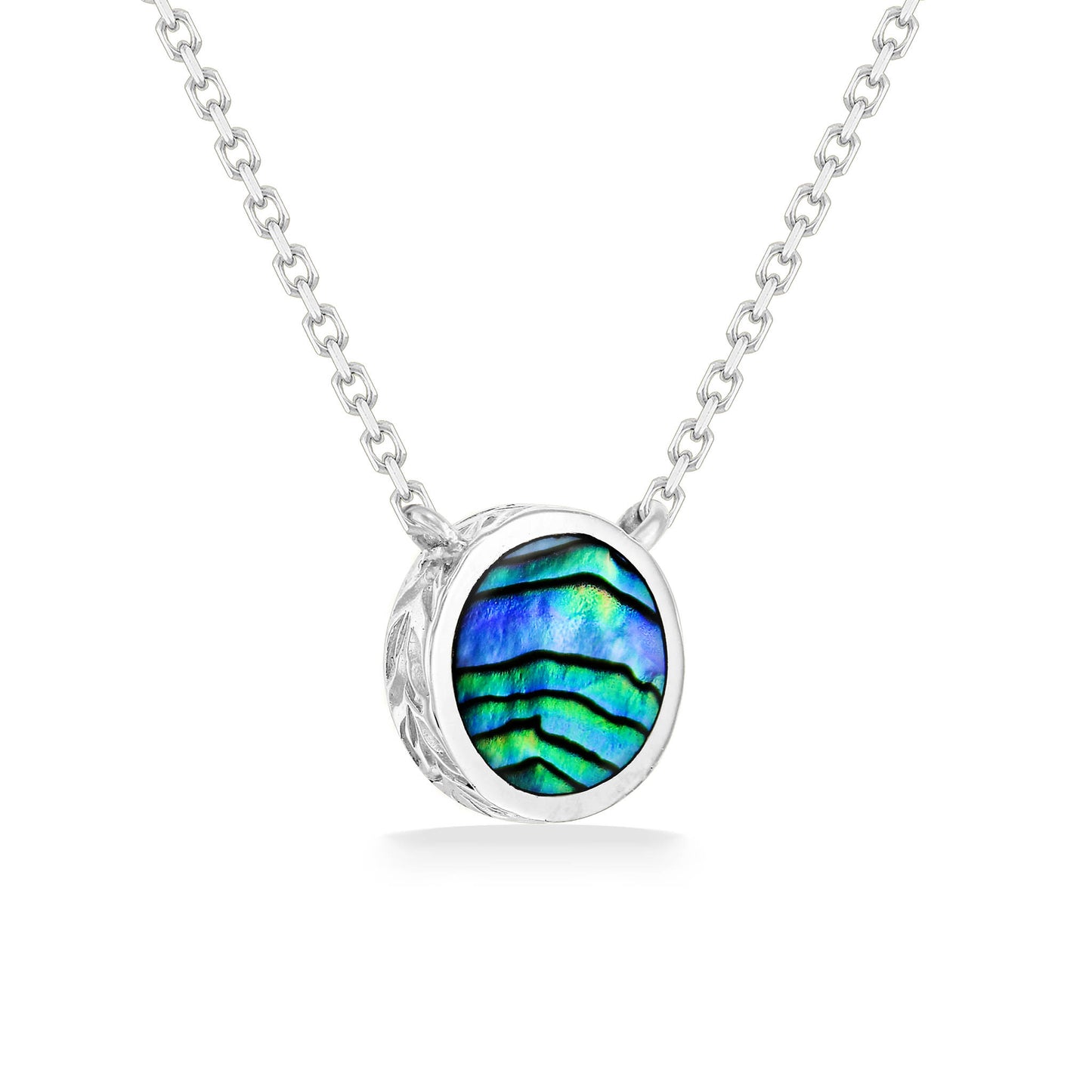 Lustrous abalone inlay set in this 14k white gold maile scroll necklace with 17 inch chain. Item No. 44154