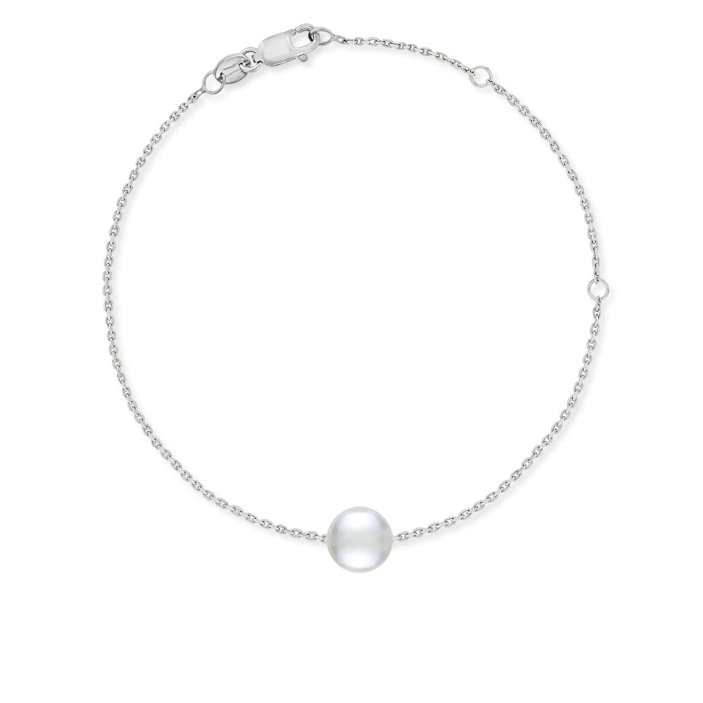 Adjustable 14k white gold slider bracelet with secure lobster clasp, featuring a round 7mm white akoya pearl. Item No. 44132