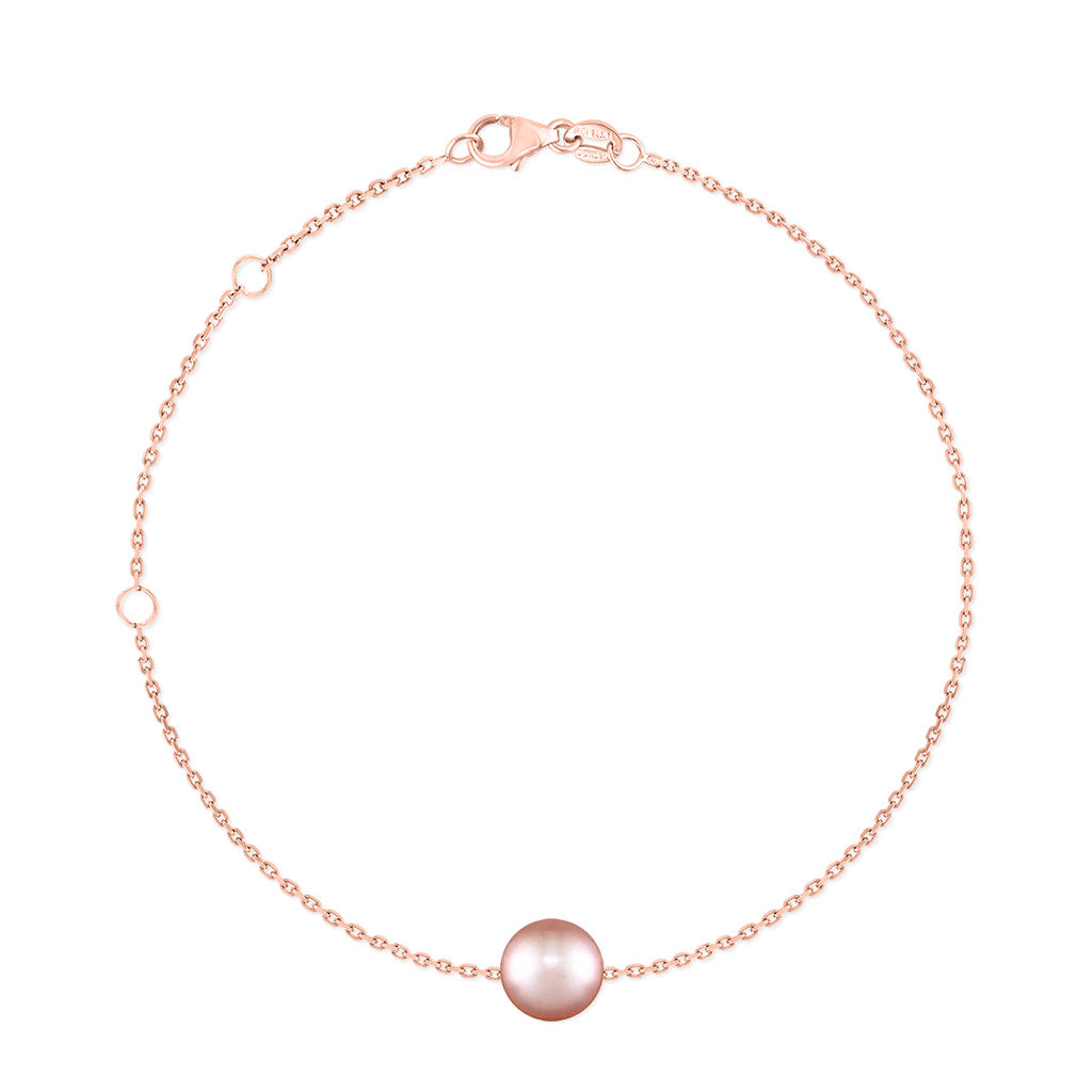 Adjustable bracelet in 14K rose gold with a single 7mm natural pink freshwater pearl. Item No. 44136