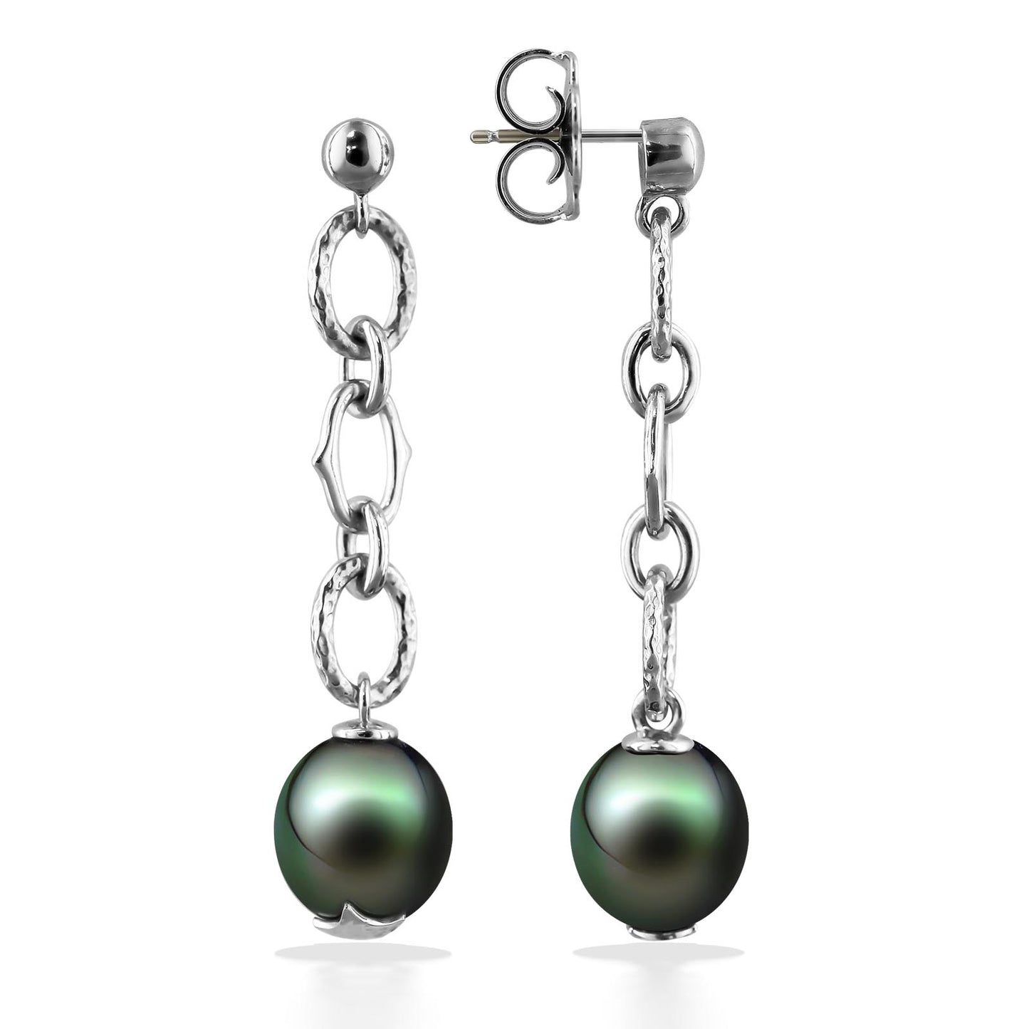 44198 - Sterling Silver - Tahitian Pearl Ocean Treasure Dangle Earrings