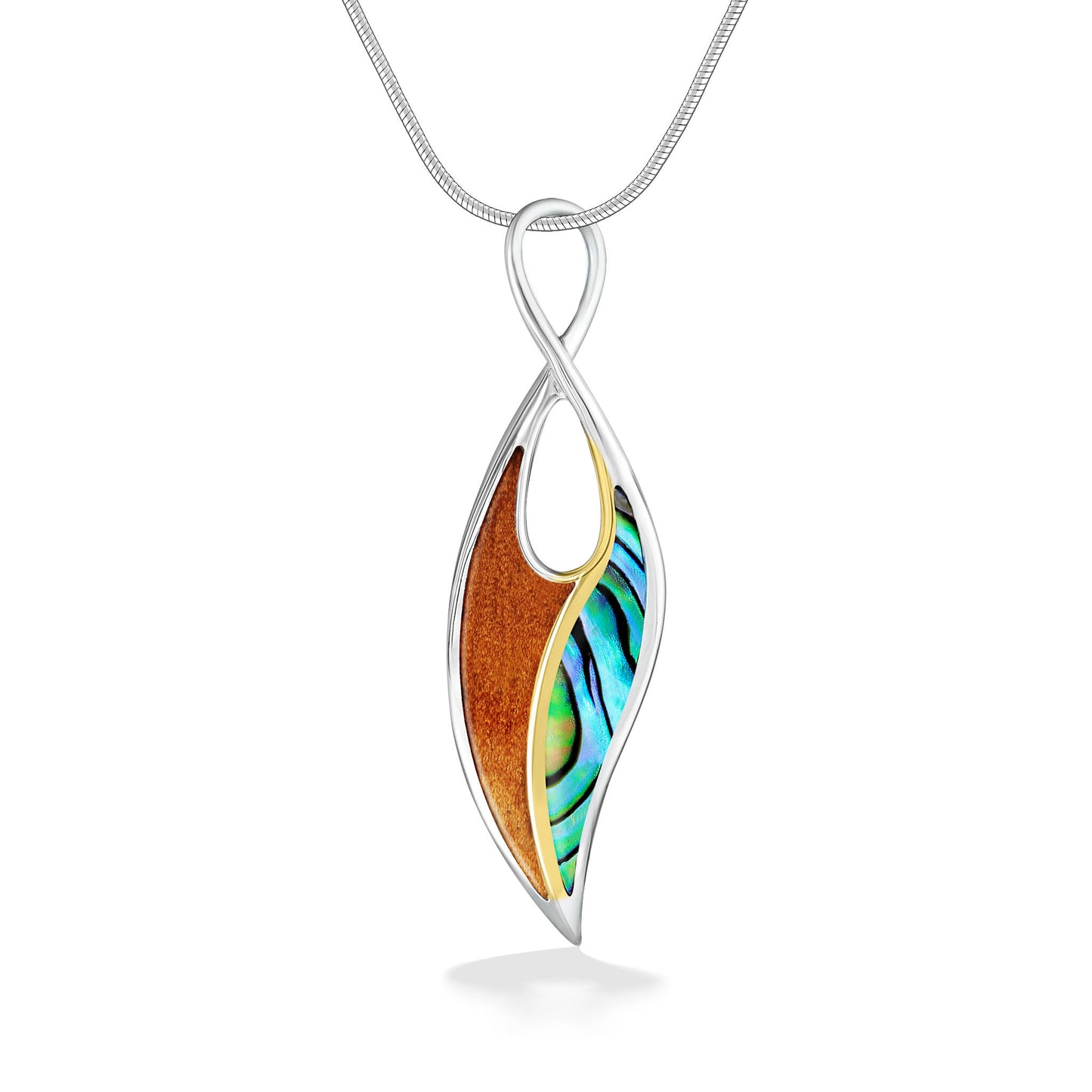 Maile Leaf Pendant & chain in Sterling Silver. 18K Yellow Gold line divides the Abalone and Koa Wood Inlay. Item No. 44212