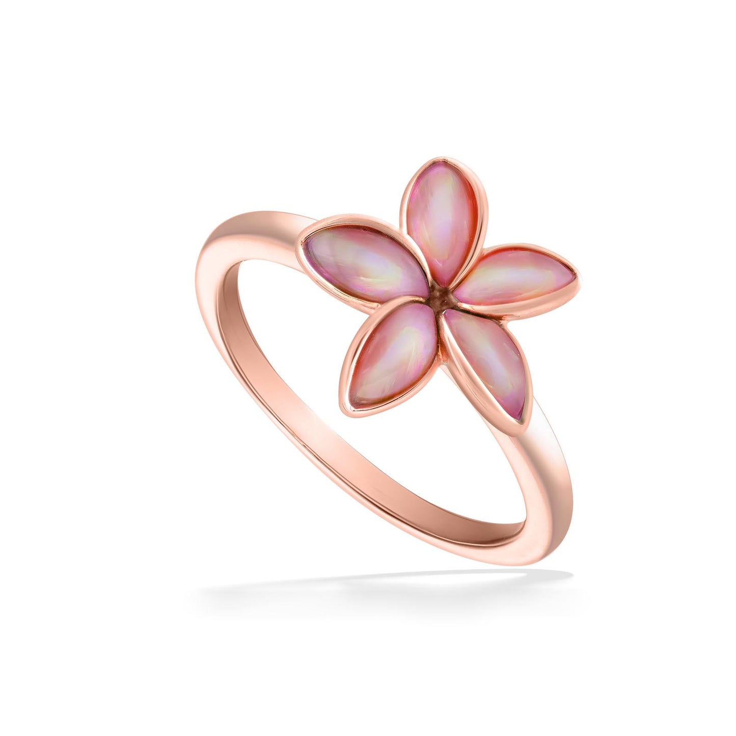 Rose gold ring with pink mother of pearl plumeria flower inlay and smooth polished band. Item No. 44218