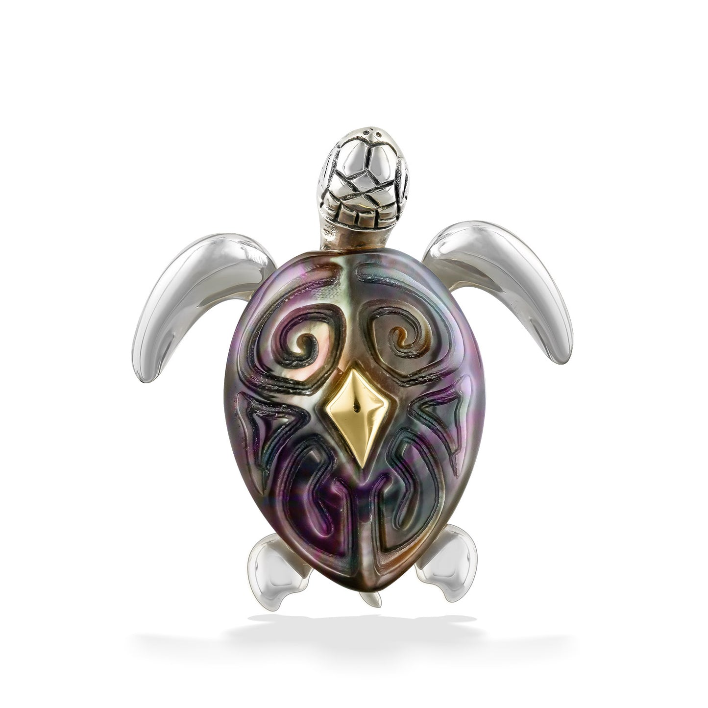 44219 - 18K Yellow Gold and Sterling Silver - Carved Black Mother of Pearl Tattoo Turtle Pendant