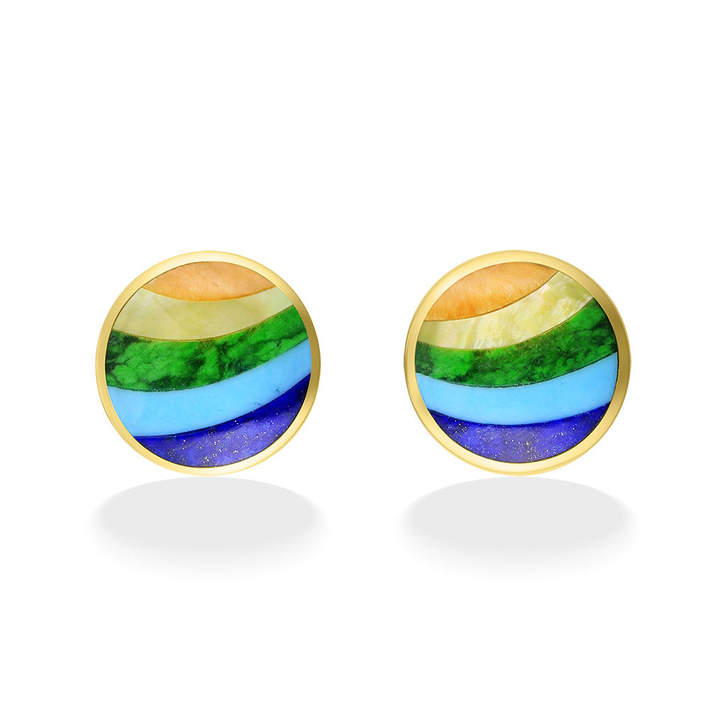 Side angle of rainbow inlay stud earring showing smooth setting, polished gold finish, & secure post backing. Item No. 44226
