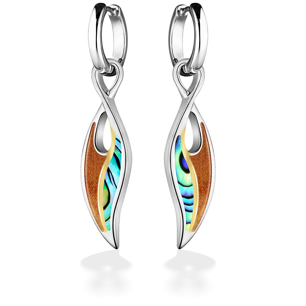 Two-tone maile leaf hooplet earrings in 18K yellow gold and sterling silver with abalone and koa inlay. Item No. 44233