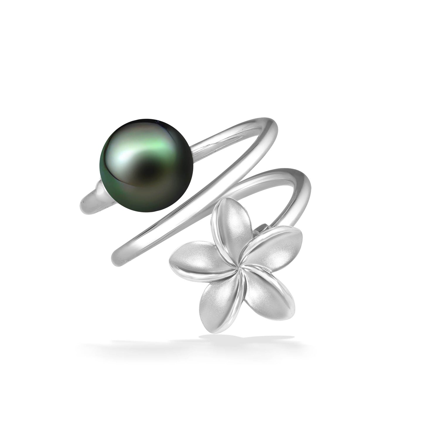 Sterling silver Plumeria wrap ring with a 9mm Tahitian pearl, in an adjustable design. Item No. 44234