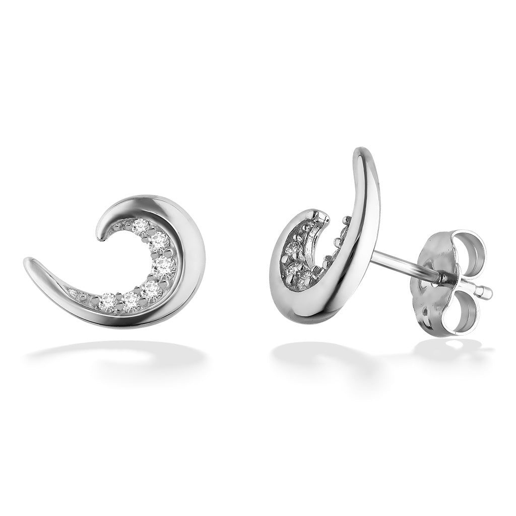 Ocean swell designed studs in 14k white gold with diamond accents. One side tilted to show post and earnut. Item No. 44242