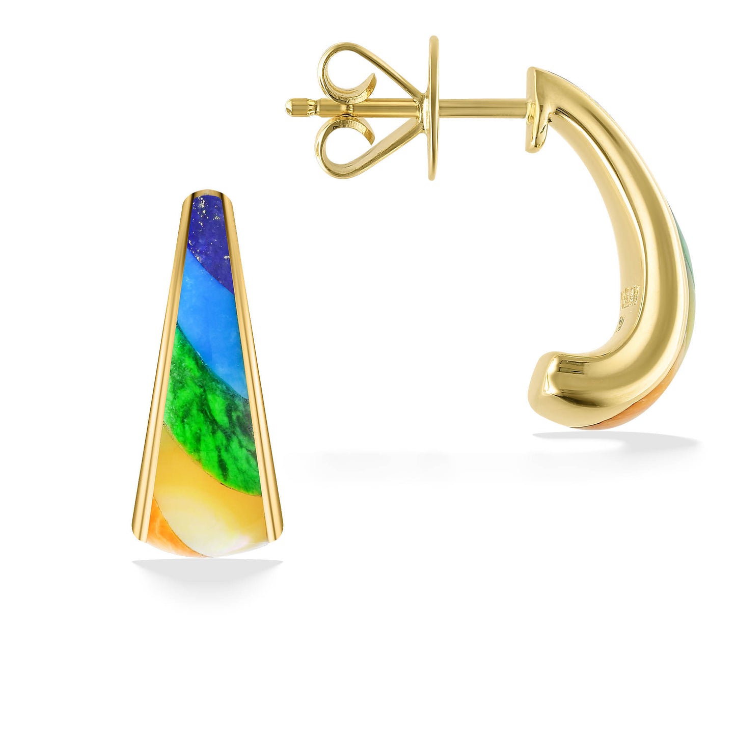 Rainbow inlaid 14k gold half hoop earring shown from the side & front, highlighting the secure backing. Item No. 44256