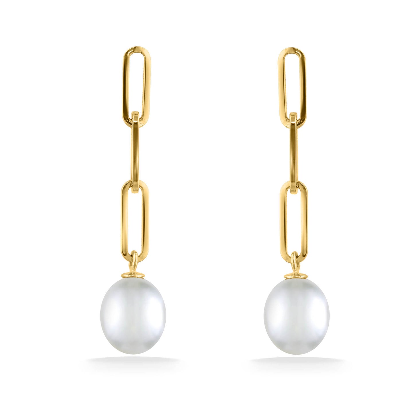 Modern yellow gold link earrings with dangling white akoya pearls, showcasing a sleek paperclip silhouette. Item No. 44260