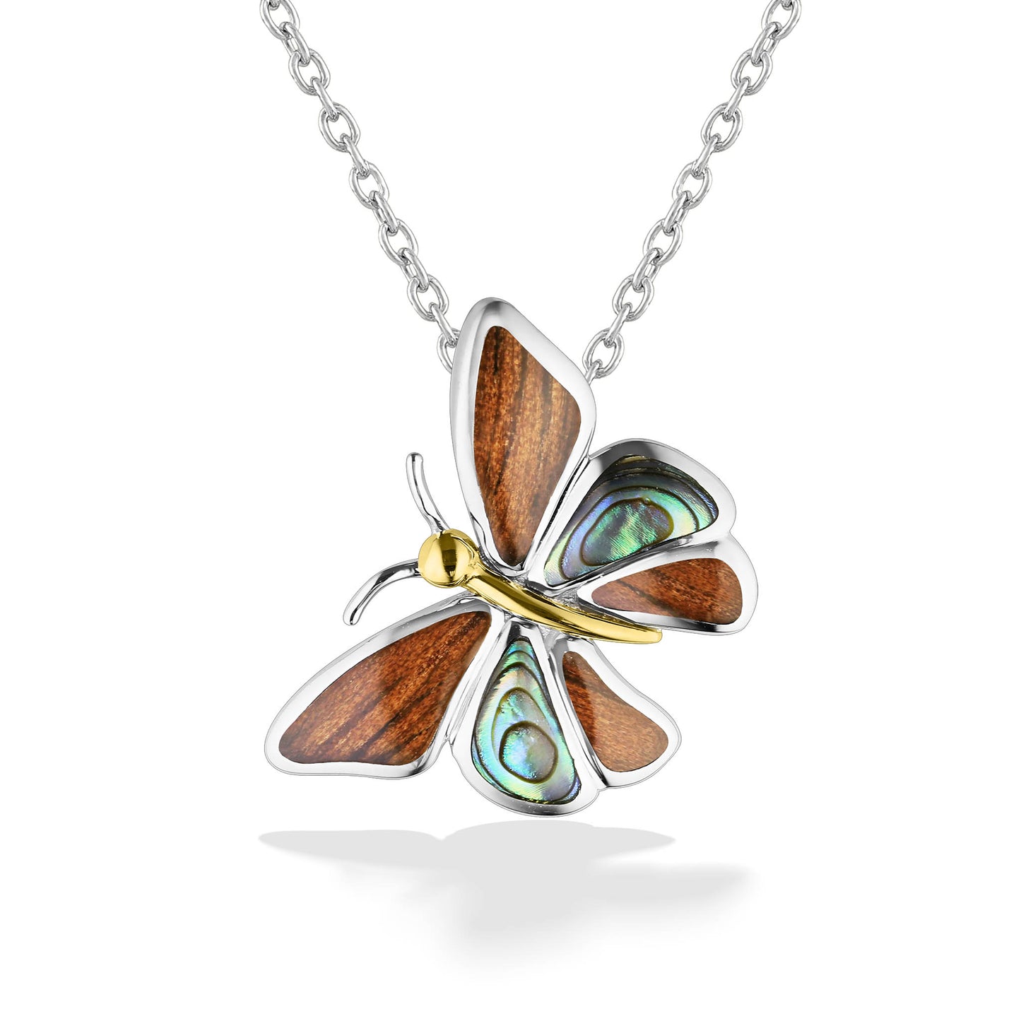 Close up of butterfly pendant with koa wood & abalone inlay with an 18k yellow gold body, in sterling silver. Item No. 44272