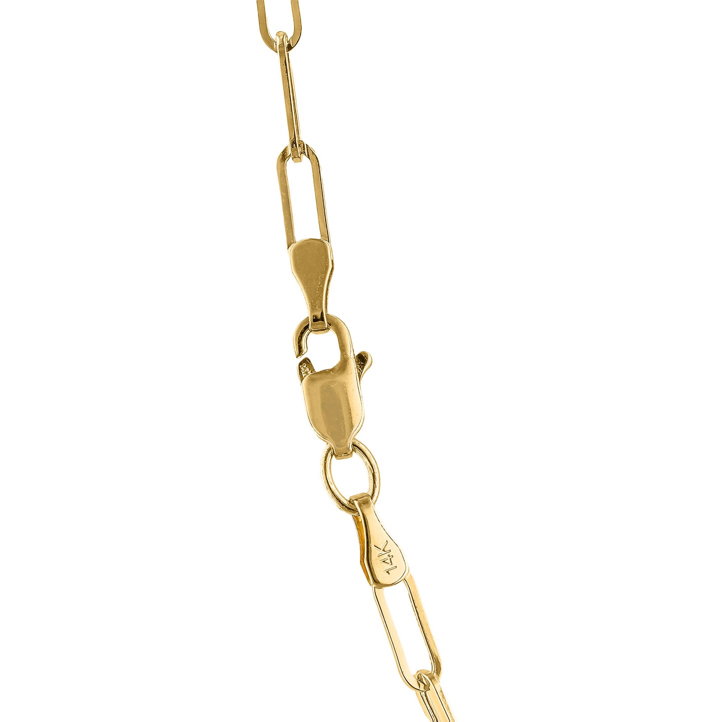 Close-up of gold lobster clasp and chain link connection, showing secure fastening and 14K stamp detail. Item No. 777225
