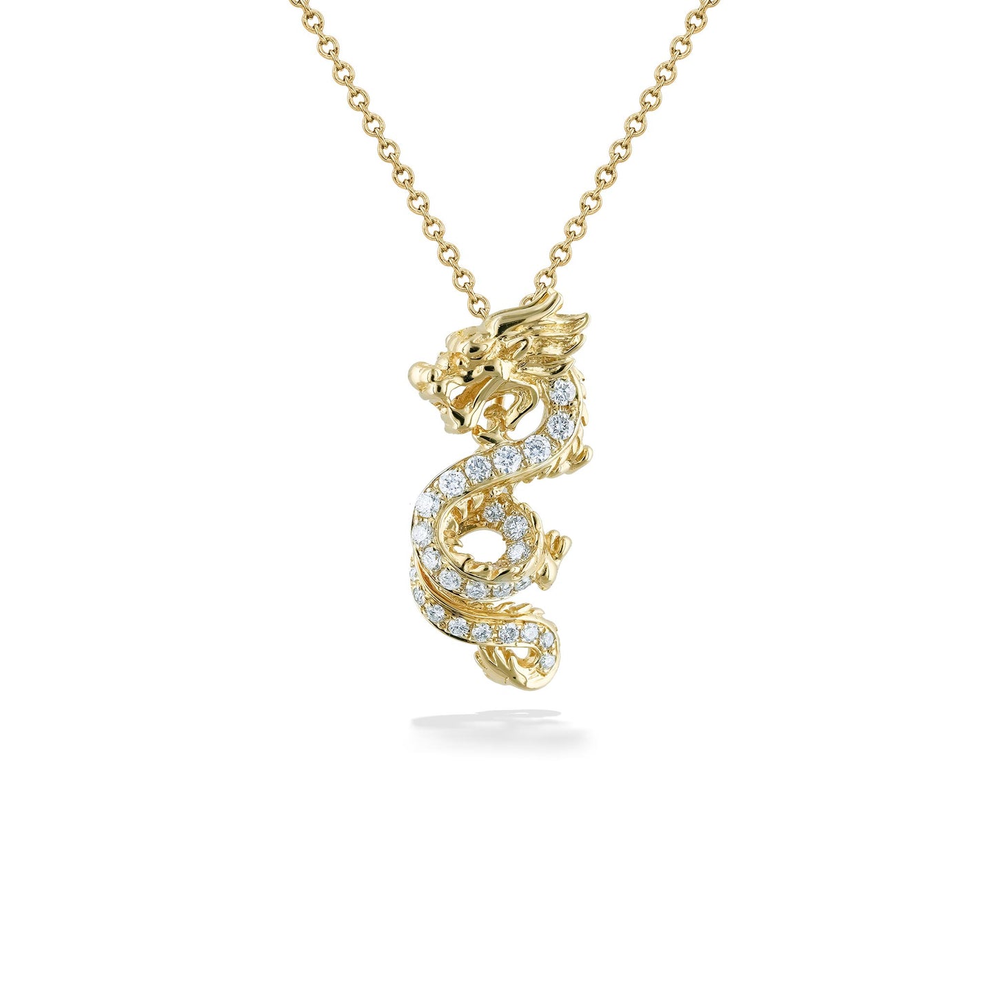 Gold dragon necklace with pavé-set diamonds and detailed sculpted features in a coiled design. Item No. 722422