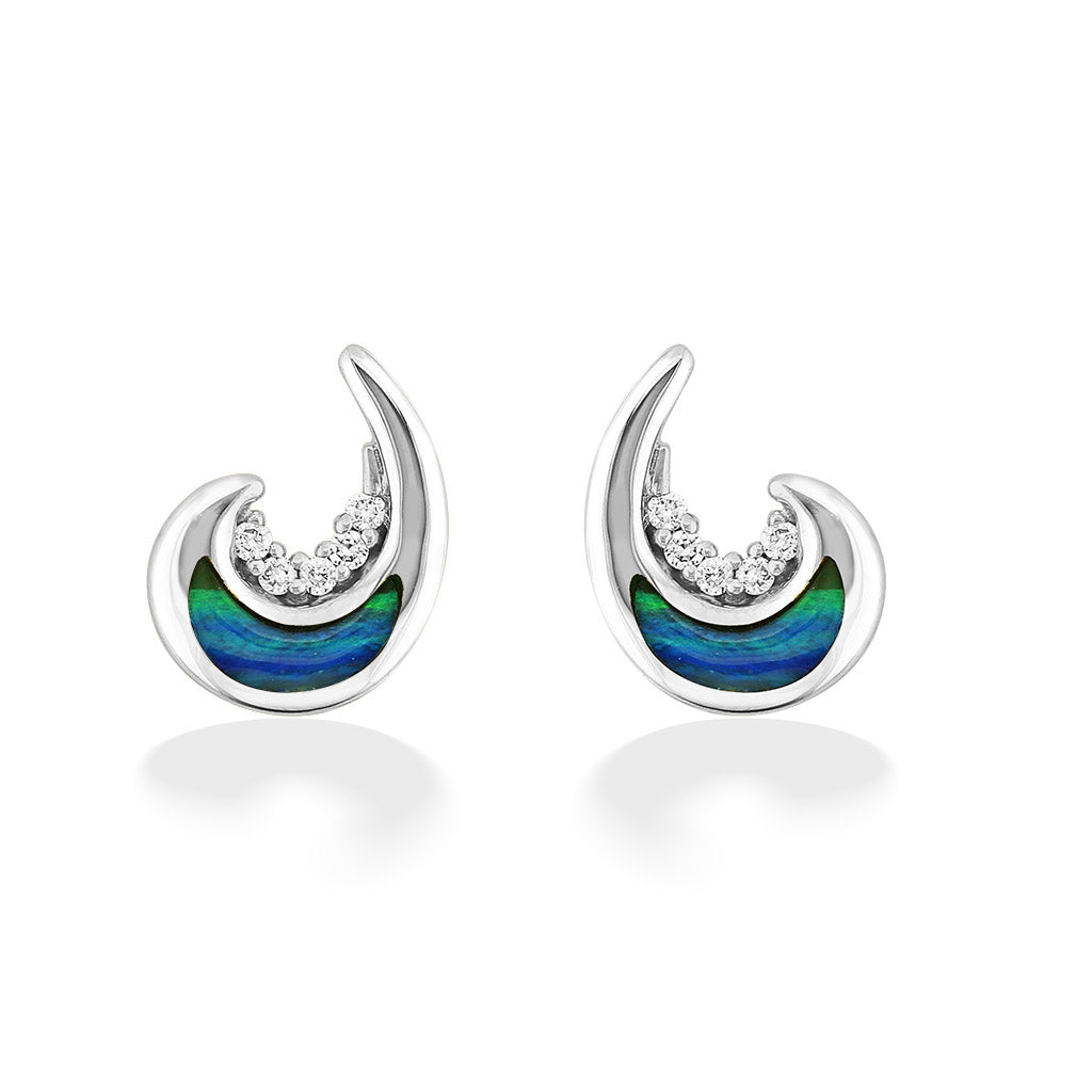 White gold stud earrings in the shape of curling waves, highlighting the opal inlays & diamond accents. Item No. 44279