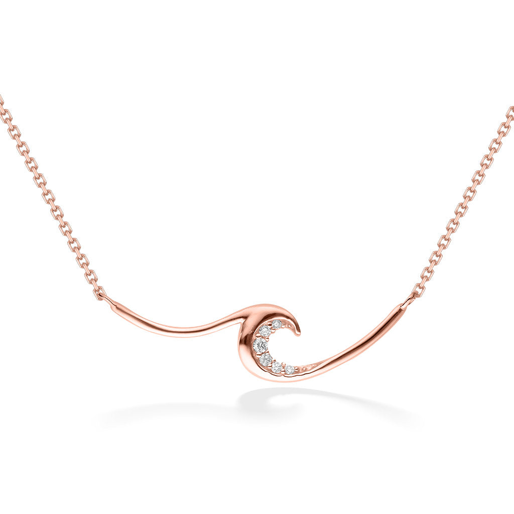 Delicate rose gold necklace with a ocean swell wave shaped design and diamond accents. Item No. 44283