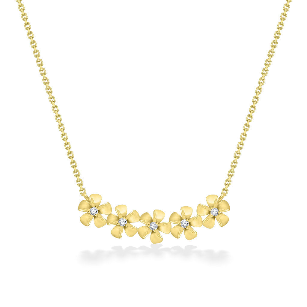 Zoomed out view to show size of the five plumeria necklace with diamond accents and the delicate chain design. Item No. 44285
