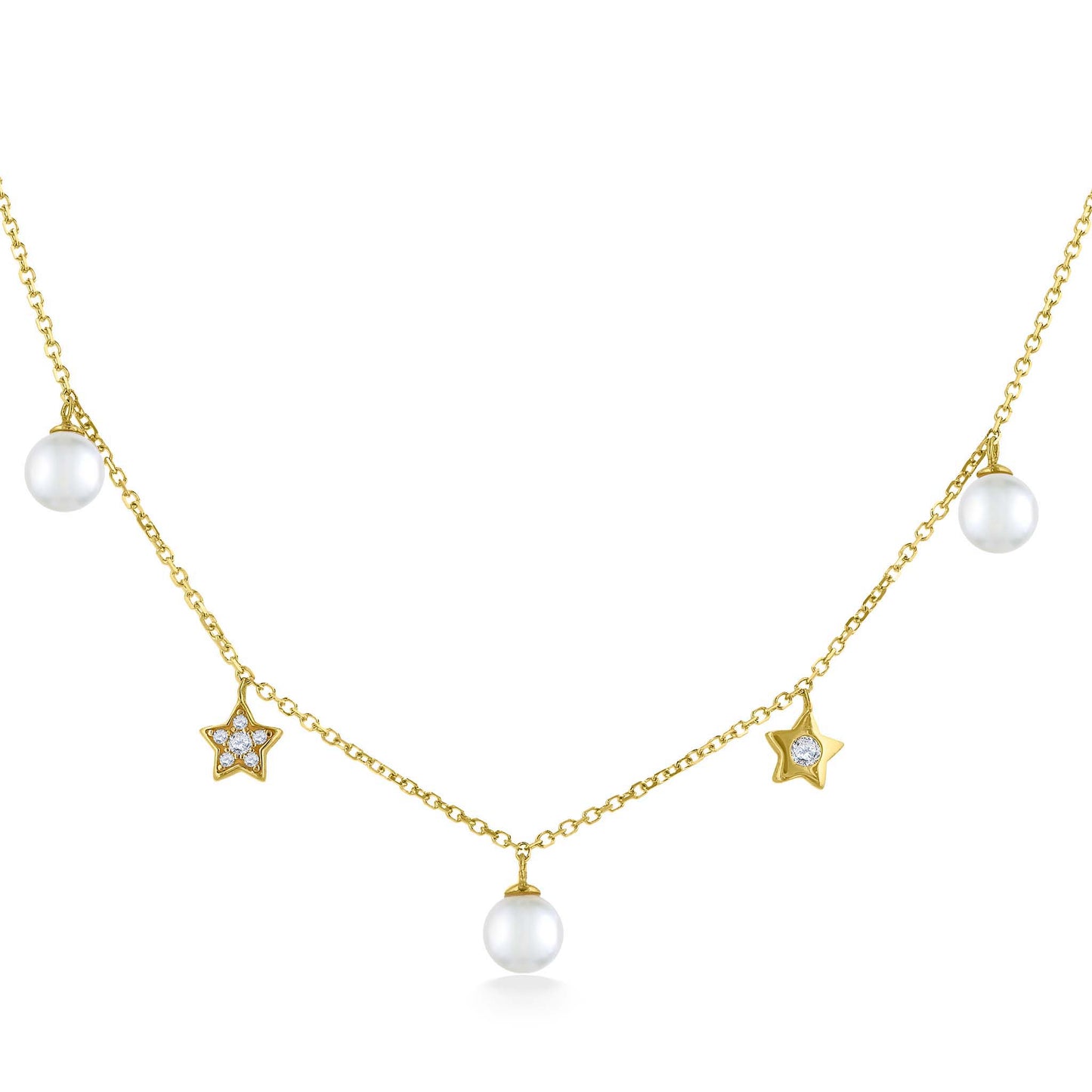 Playful gold necklace with white Akoya pearls and diamond-accented star charms spaced along a fine chain. Item No. 44291