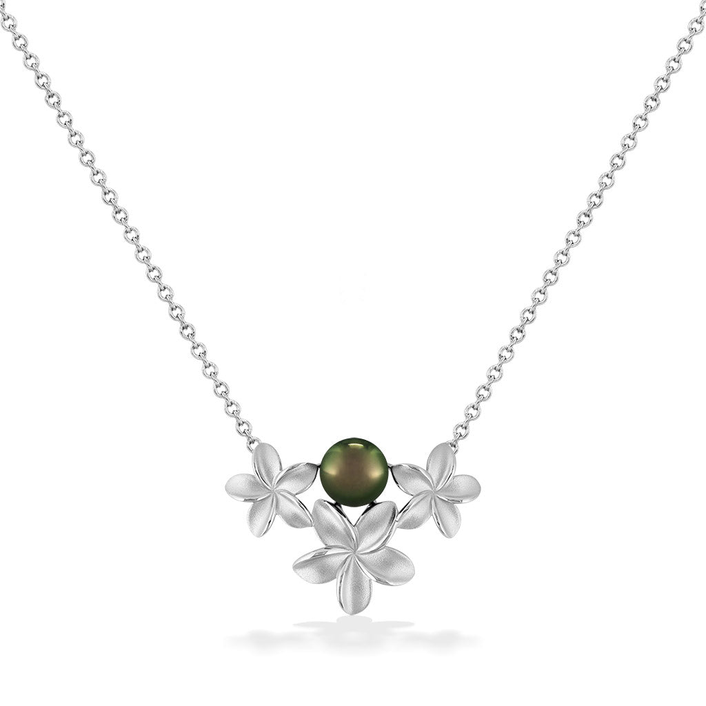 Three plumeria sterling silver necklace with 9mm tahitian pearl scaled to view dainty chain. Item No. 44314