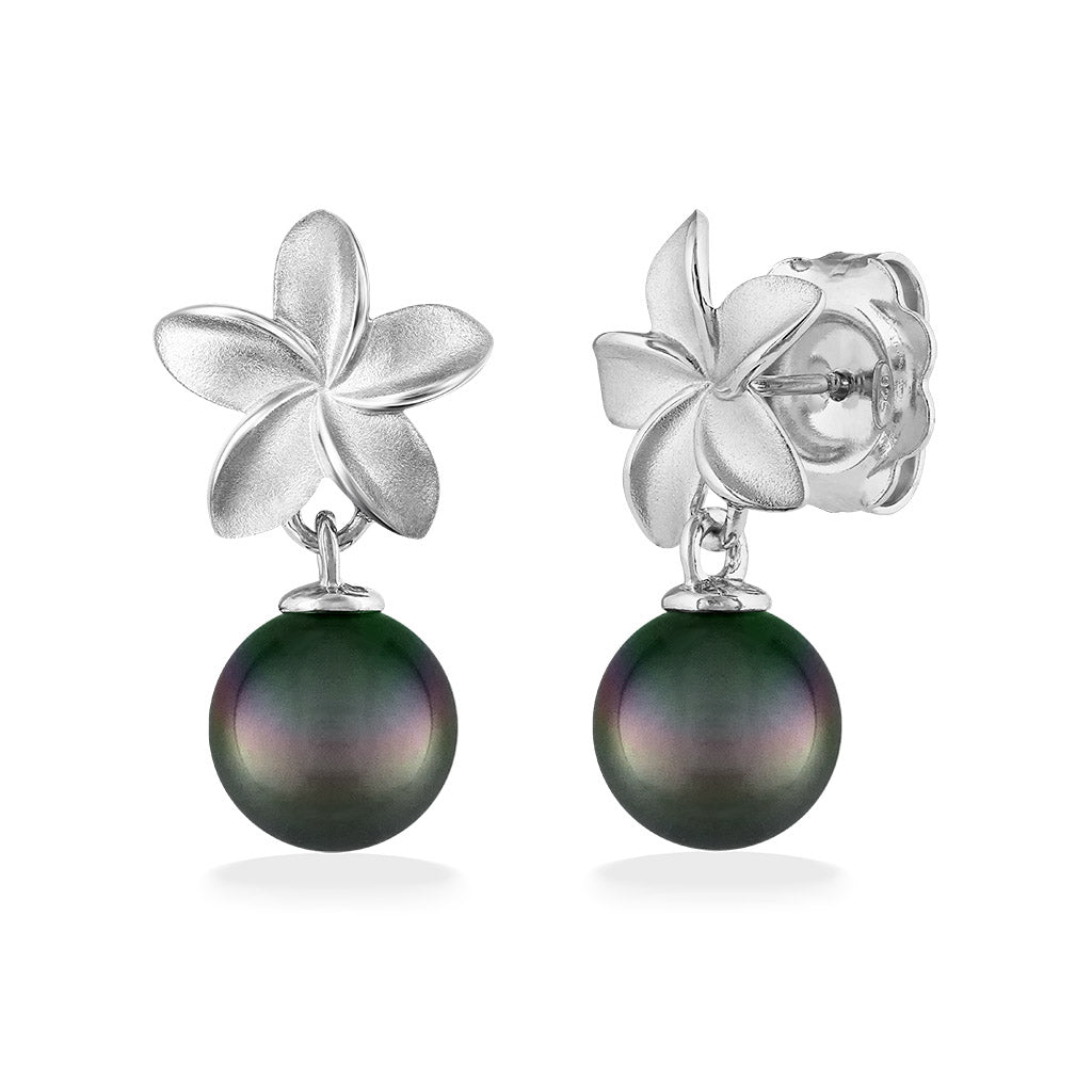 Sterling silver plumeria and tahitian stud earrings showing front and side view of sterling silver earnuts. Item No. 44315