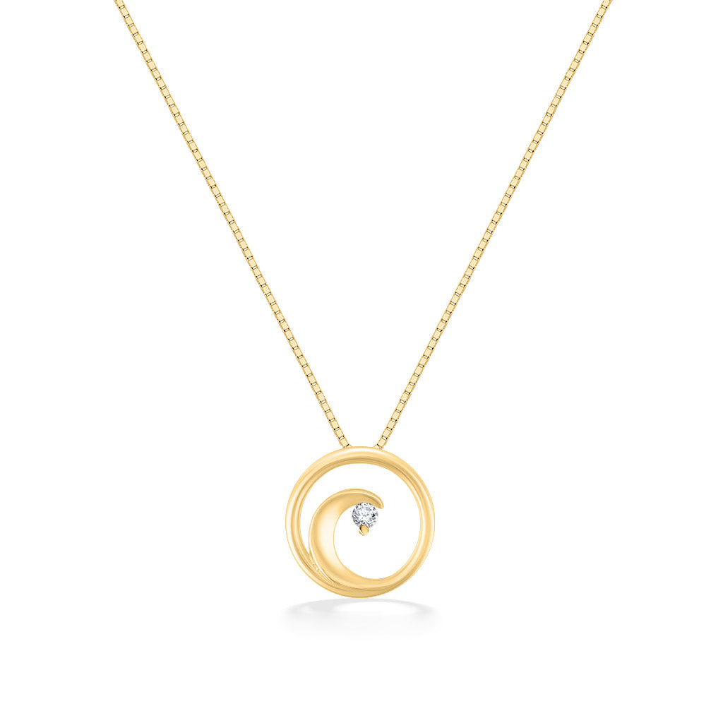Gold necklace featuring a small circular pendant with a wave design and a single round diamond. Item No. 44320