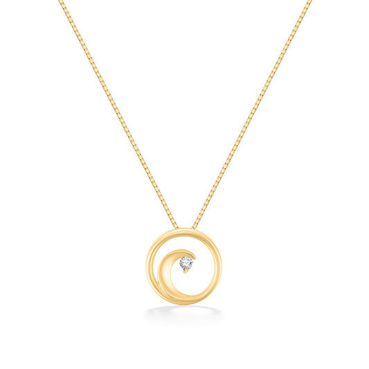 Gold necklace featuring a small circular pendant with a wave design and a single round diamond. Item No. 44320