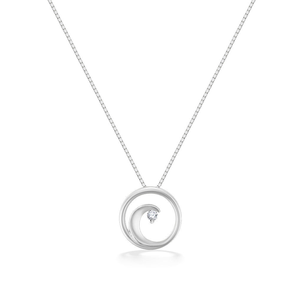 Modern 14k white gold necklace featuring a small open circle and a round center diamond accent. Item No. 44321