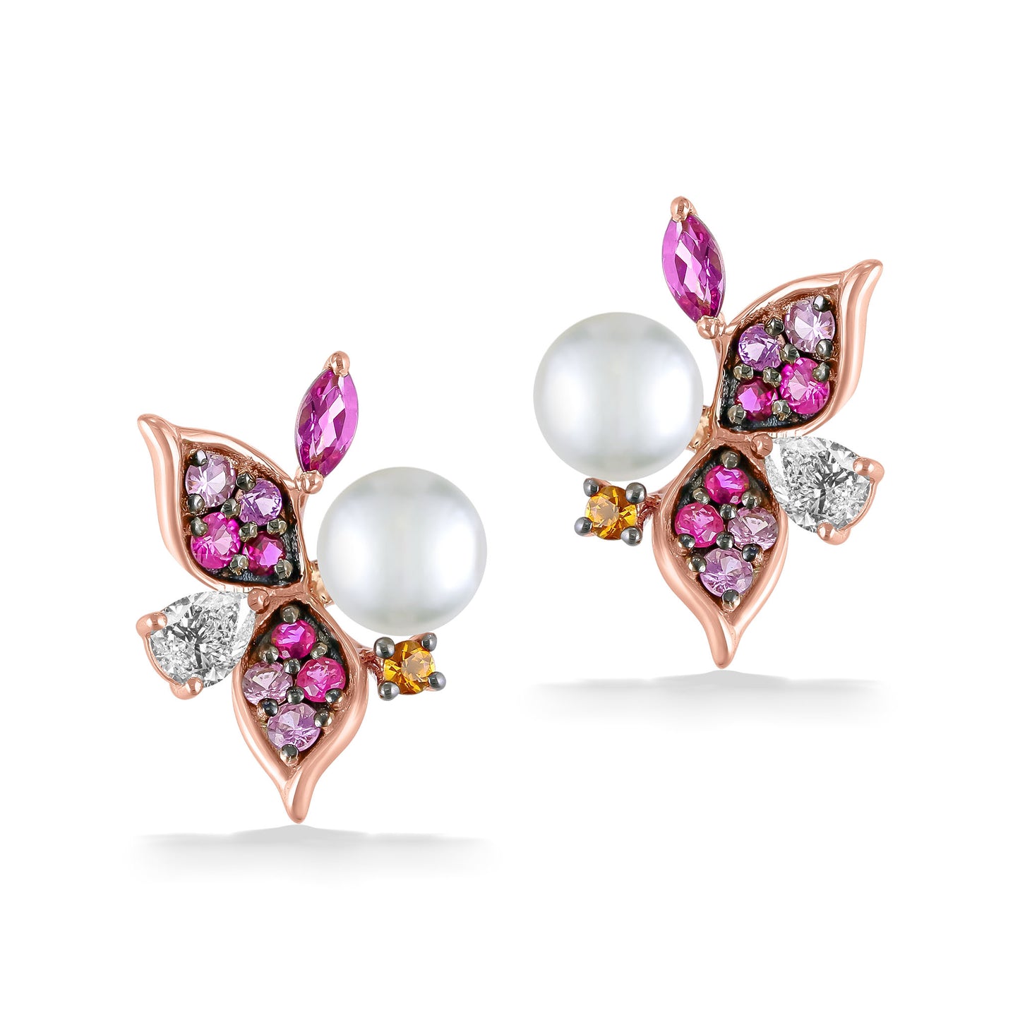 Rose gold earrings with pearls, pink sapphires, diamonds, & multicolor gemstones in a flora-inspired design. Item No. 722521