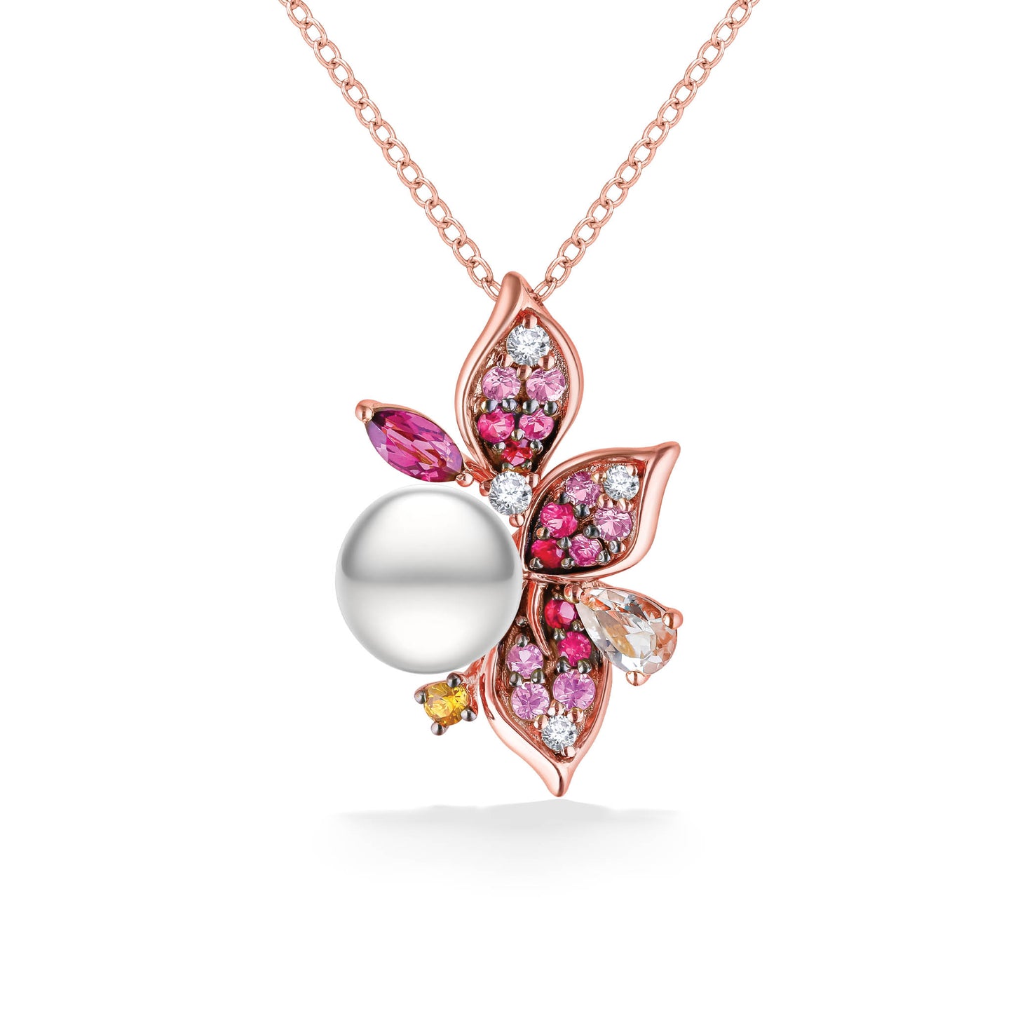 Pink gemstone flower necklace with pearl center and mixed-shape diamond details on a 14k rose gold chain. Item No. 722523