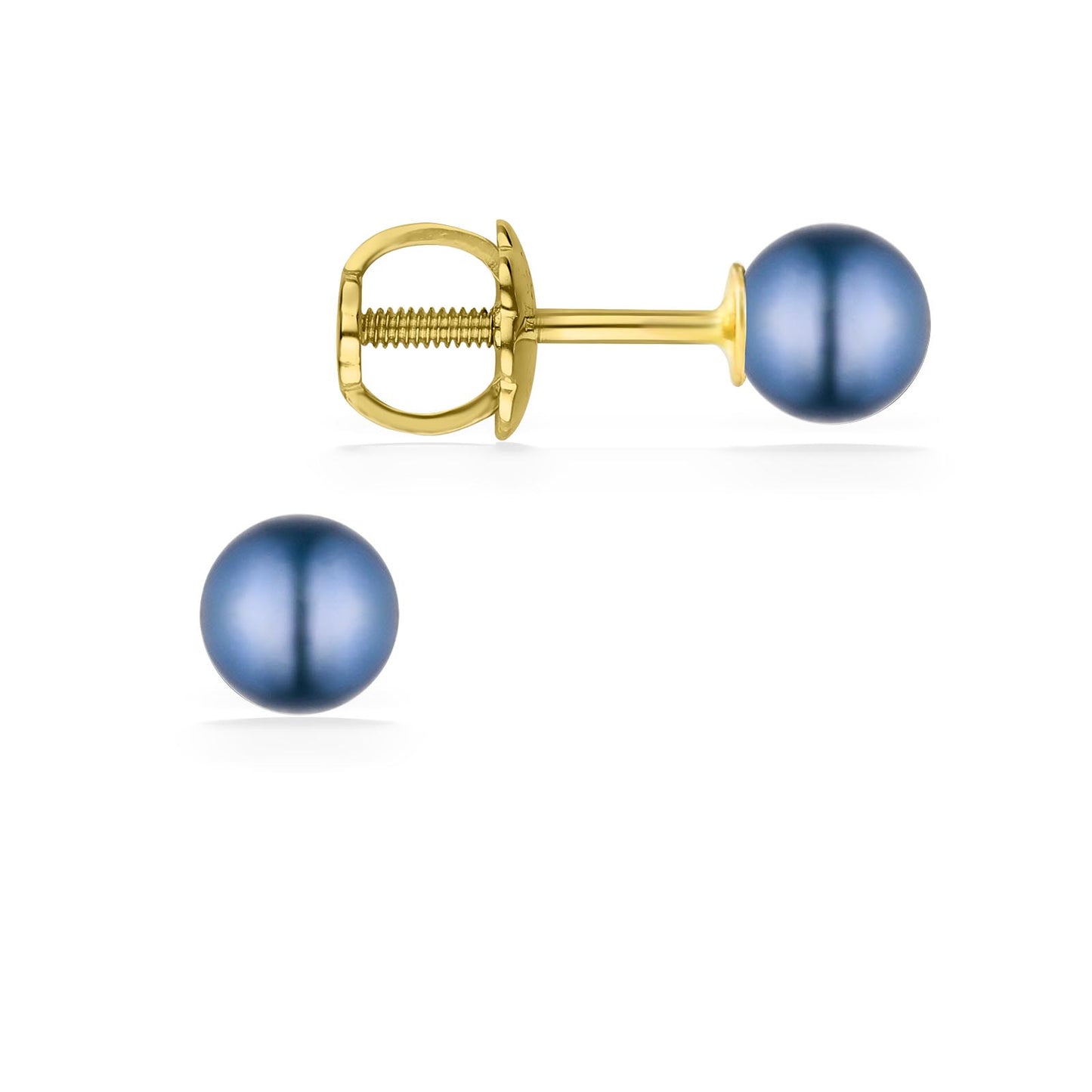 Children's blue Akoya pearl stud earrings with yellow gold threaded posts and secure screw-on safety backings. Item No. 44342