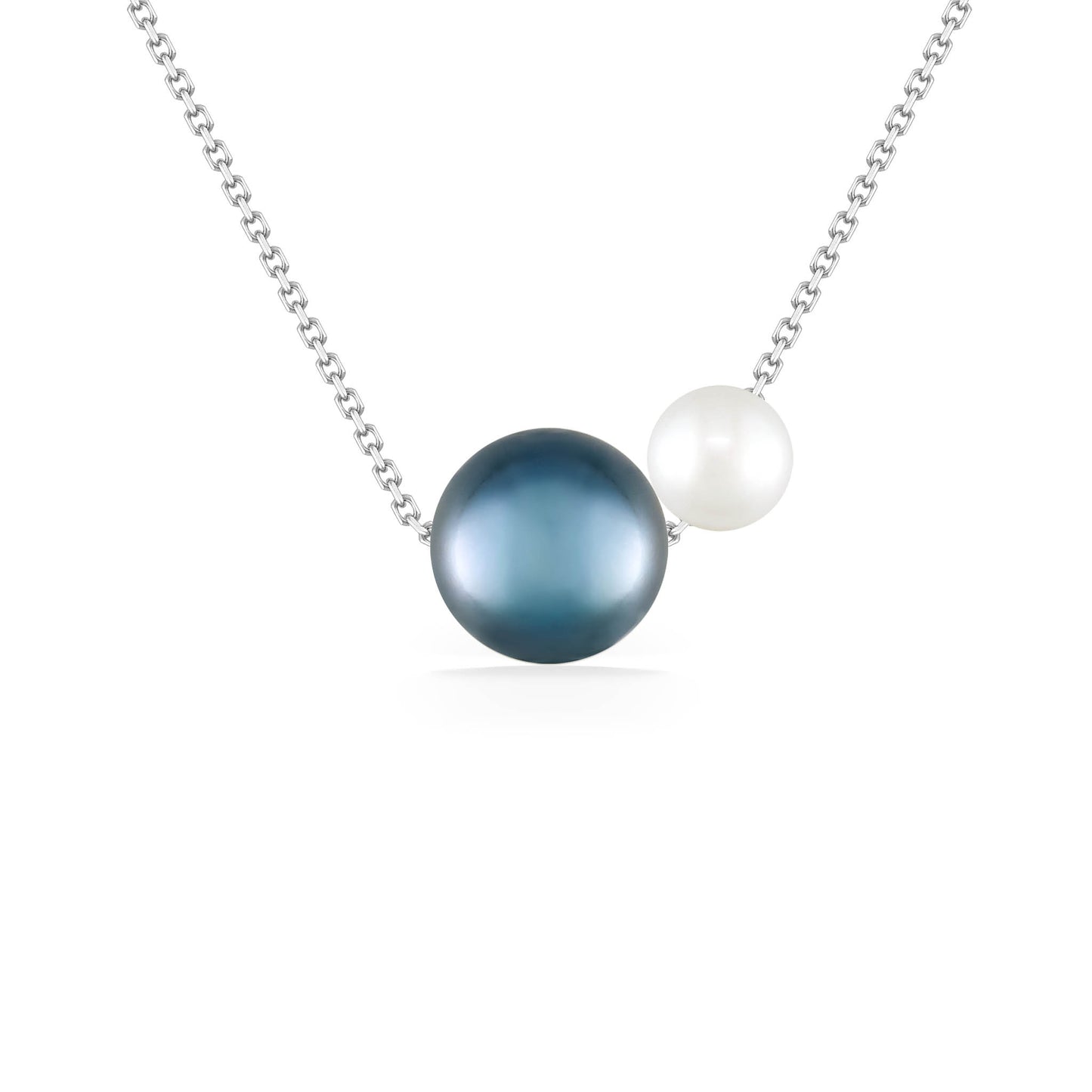 White gold slider necklace featuring a blue Akoya pearl paired with a smaller white pearl on a delicate chain. Item No. 44362
