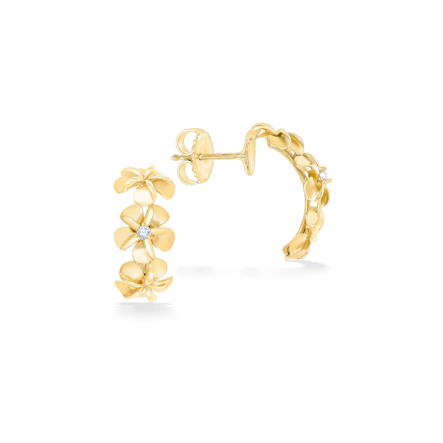 Half hoop 14k yellow gold plumeria earrings with diamond details and backings in elegant side view. Item No. 44295