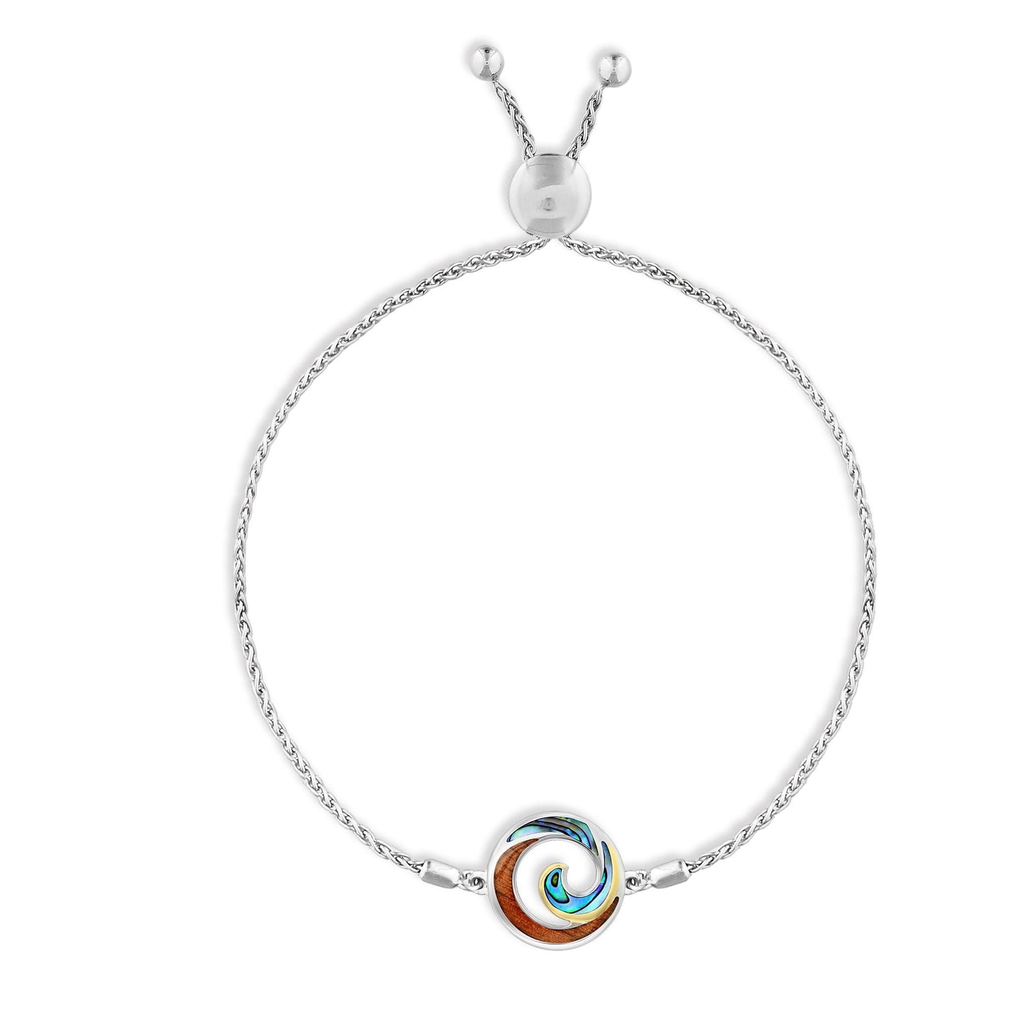 Adjustable sterling silver bolo bracelet with ocean wave charm featuring 18k gold, koa wood & abalone inlay. Item No. 44368