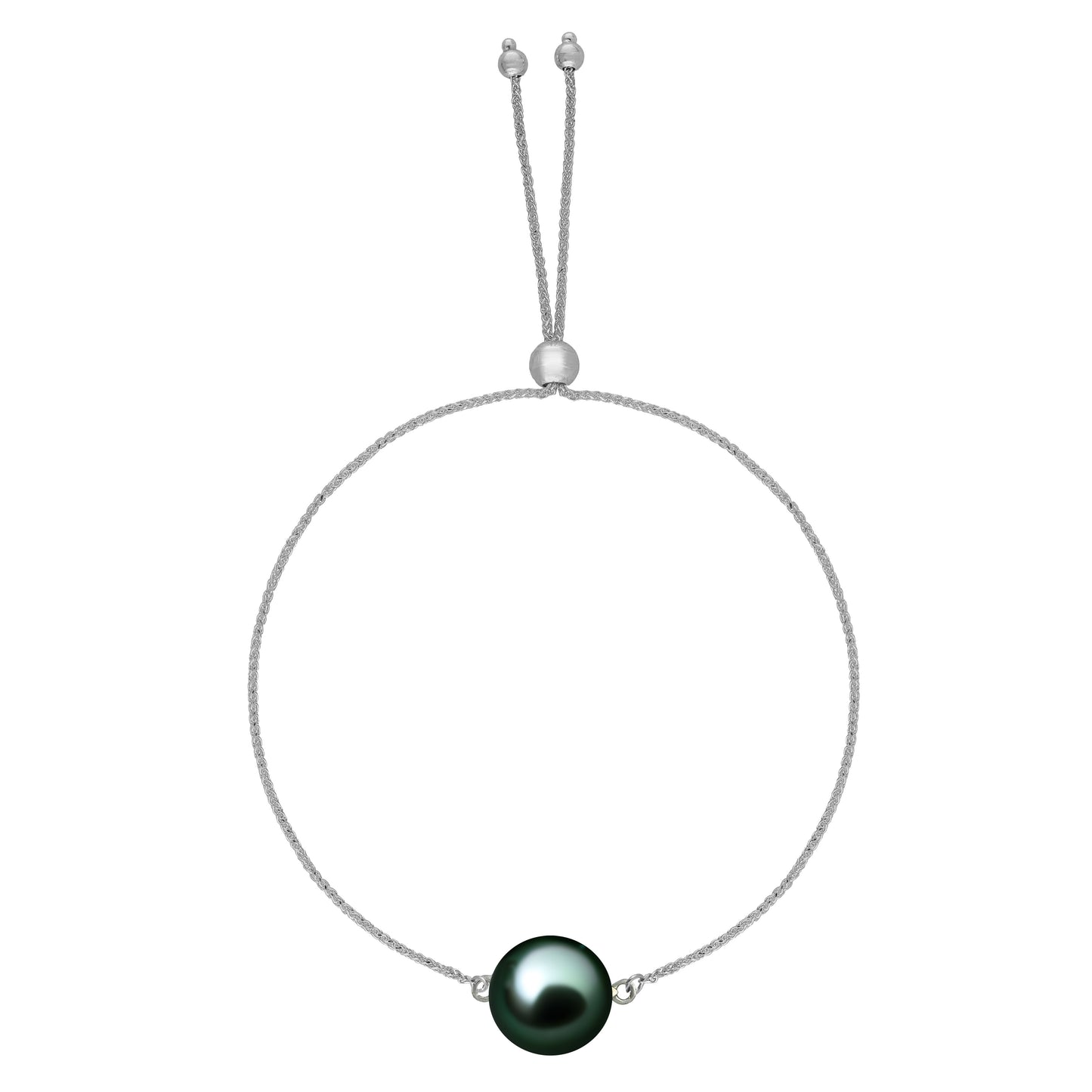 White gold chain adjustable bolo bracelet with a single 9mm tahitian pearl centerpiece. Item No. 44364