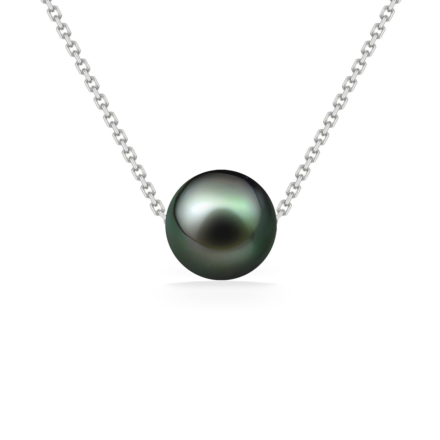 Tahitian Black Pearl measuring approximately 8mm with a 14k white gold chain drilled through. Item No. 44388