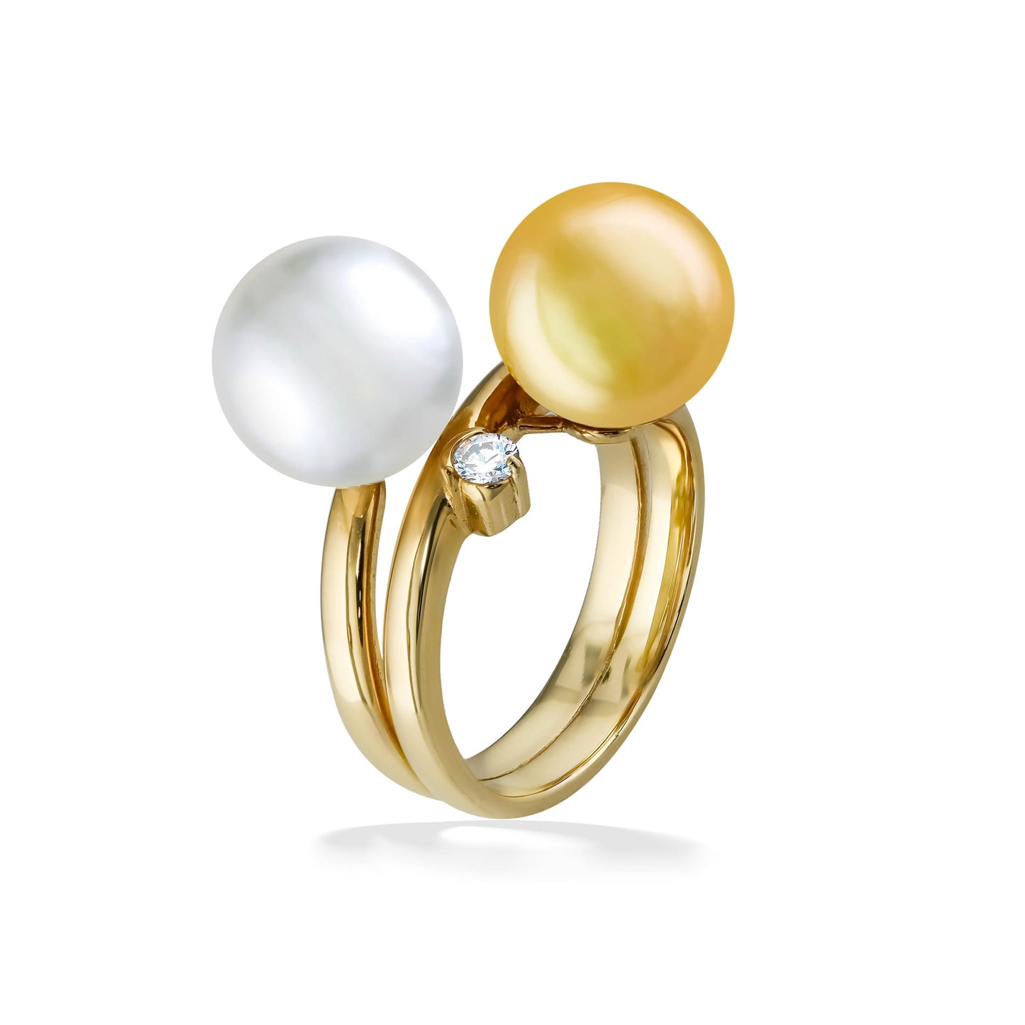 14K yellow gold wrap ring with 10mm gold and white South Sea pearls and a 0.07 carat diamond accent. Item No. 44370
