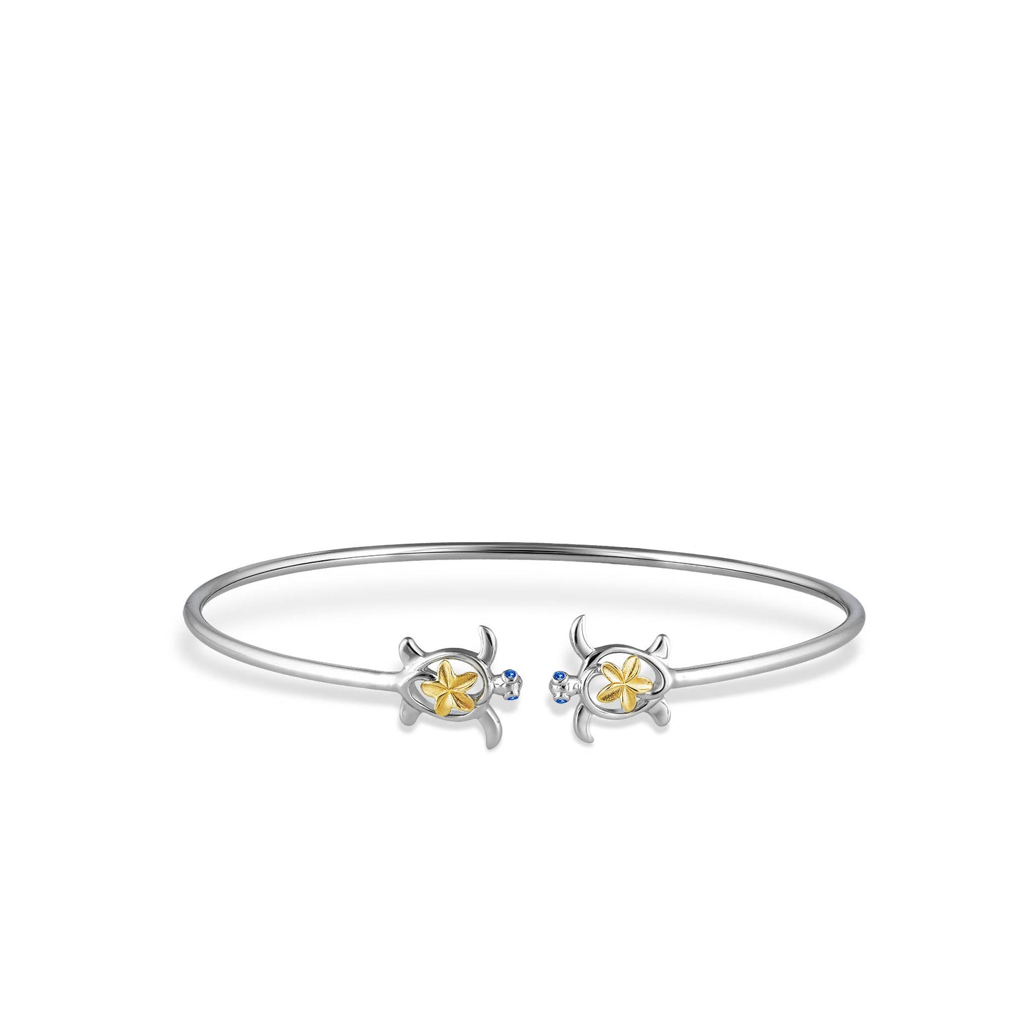 Flexible sterling silver open bangle with a pair of honu's facing each other wearing plumerias on their shell. Item No. 44390