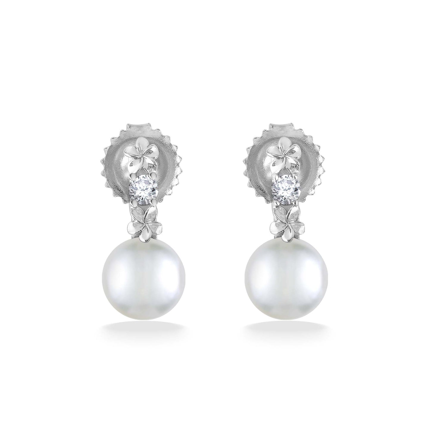 Front view of white gold pearl drops showcasing bright diamonds and smooth round pearl centers. Item No. 44375