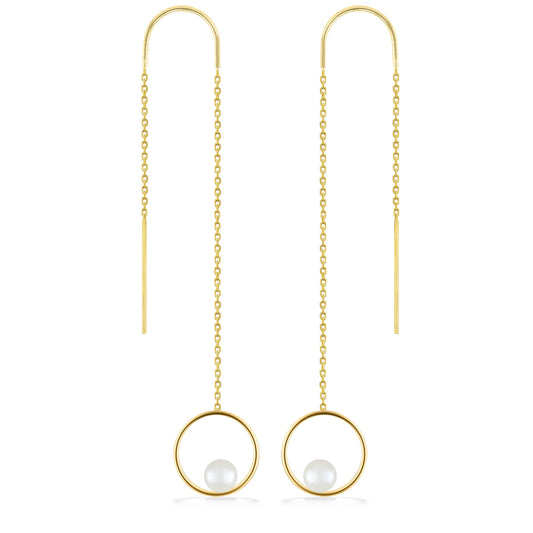 44379 - 14K Yellow Gold - White Akoya Pearl Circle Threader Earrings