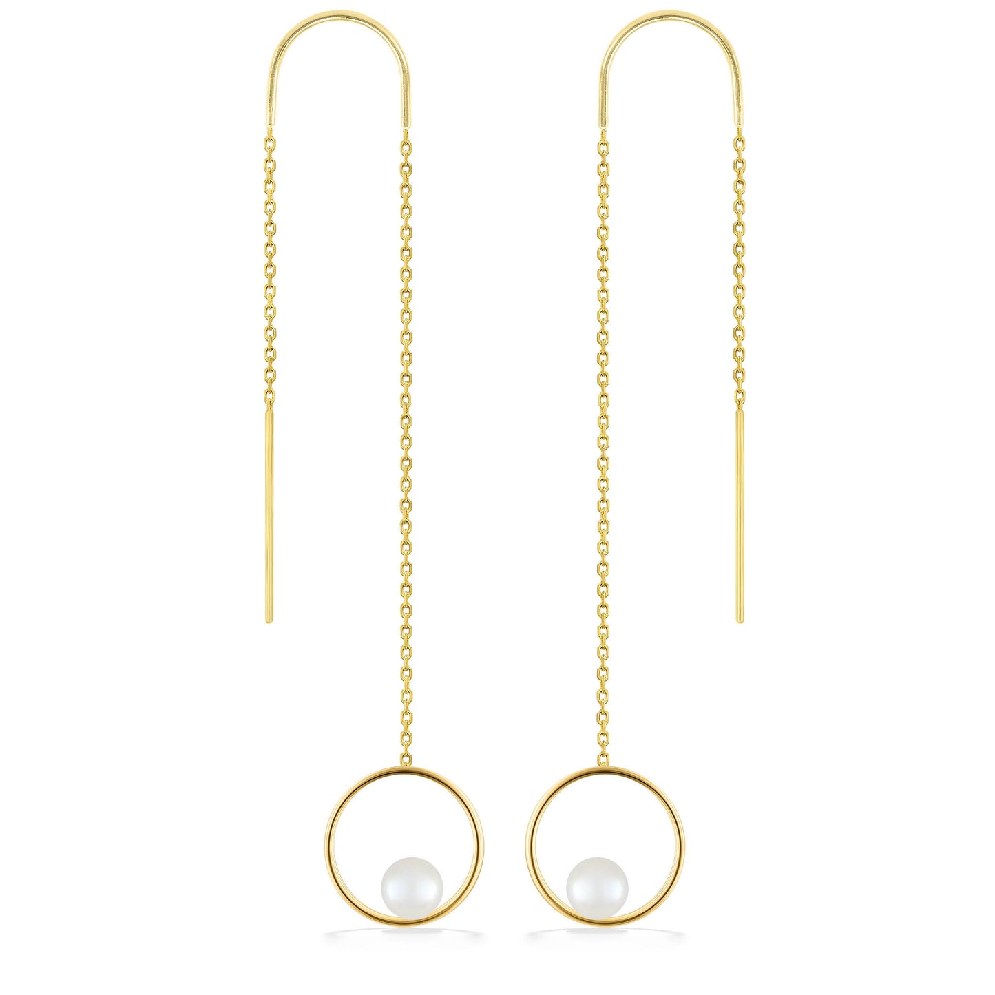 Threader earrings with 14k yellow gold chains & open circle drops featuring centered white akoya pearls. Item No. 44379