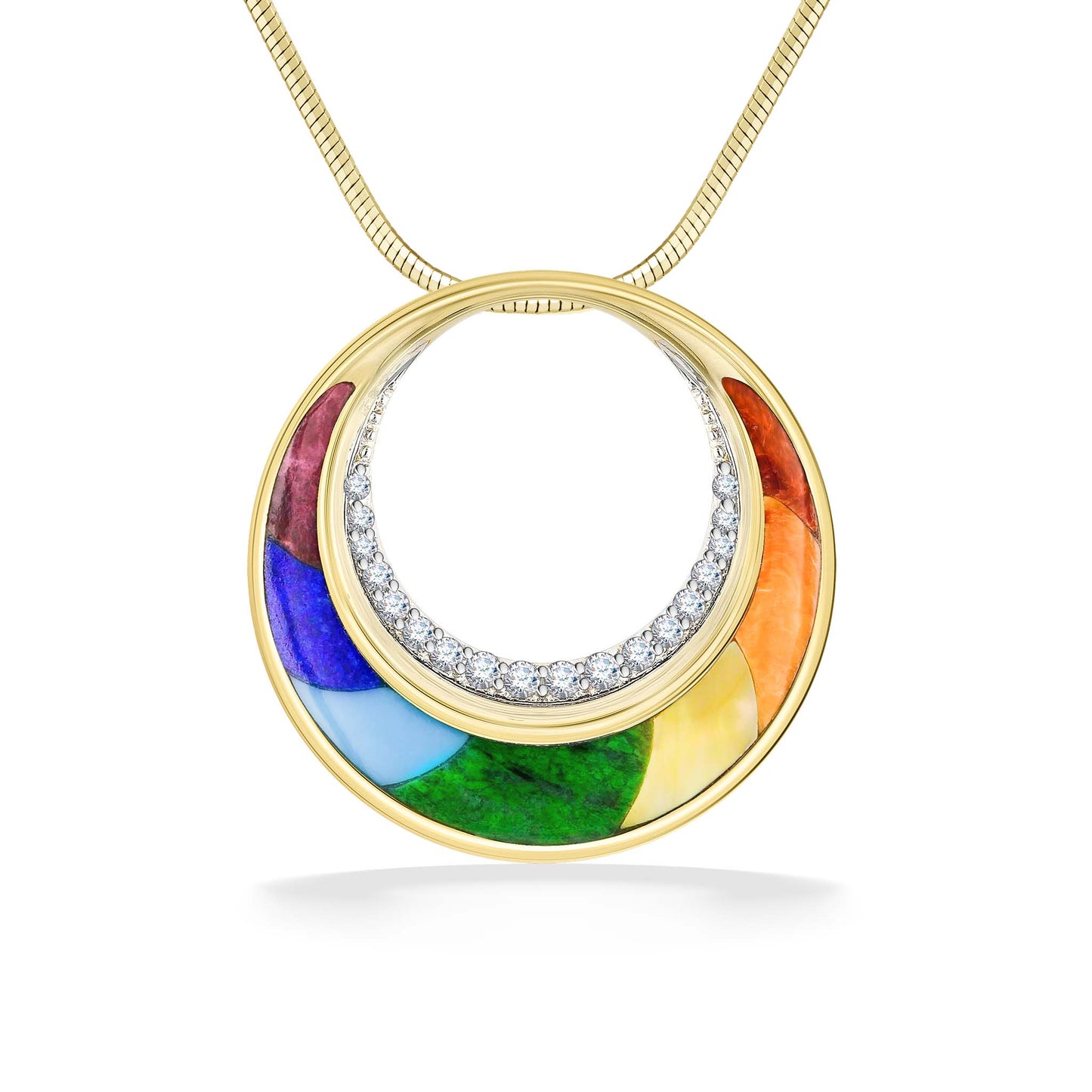 Circle pendant on a gold chain with multi colored inlays set in gold. Diamonds on bottom of inner circle. Item No. 44411