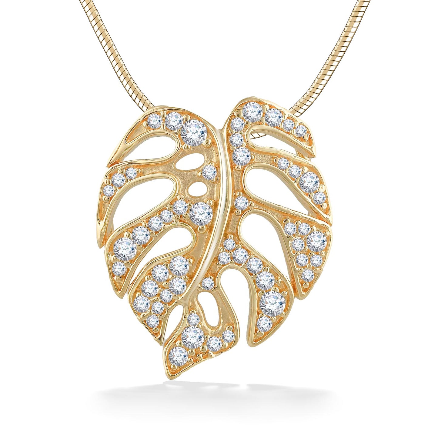44415 - 14K Yellow Gold - Large Diamond Monstera Pendant